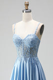 Light Blue Corset Sheer Beaded A-Line Spaghetti Straps Satin Long Prom Dress with Slit