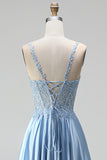 Light Blue Corset Sheer Beaded A-Line Spaghetti Straps Satin Long Prom Dress with Slit