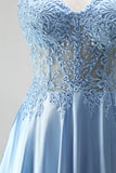 Light Blue Corset Sheer Beaded A-Line Spaghetti Straps Satin Long Prom Dress with Slit