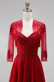 Red A-Line Embroidery Beaded Chiffon Spaghetti Straps Long Prom Dress with Bolero Jacket