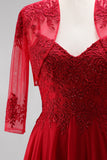 Red A-Line Embroidery Beaded Chiffon Spaghetti Straps Long Prom Dress with Bolero Jacket