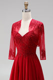 Red A-Line Embroidery Beaded Chiffon Spaghetti Straps Long Prom Dress with Bolero Jacket