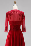 Red A-Line Embroidery Beaded Chiffon Spaghetti Straps Long Prom Dress with Bolero Jacket