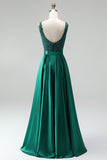 Dark Green V-Neck Satin A-Line Appliques Long Prom Dress with Beading