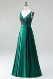 Dark Green V-Neck Satin A-Line Appliques Long Prom Dress with Beading