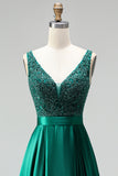 Dark Green V-Neck Satin A-Line Appliques Long Prom Dress with Beading