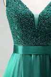 Dark Green V-Neck Satin A-Line Appliques Long Prom Dress with Beading