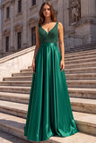 Dark Green V-Neck Satin A-Line Appliques Long Prom Dress with Beading