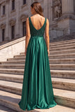 Dark Green V-Neck Satin A-Line Appliques Long Prom Dress with Beading