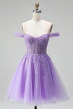 Off the Shoulder Light Plum 3D Floral Appliques A-Line Tulle Corset Short Homecoming Dress with Beading