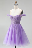 Off the Shoulder Light Plum 3D Floral Appliques A-Line Tulle Corset Short Homecoming Dress with Beading