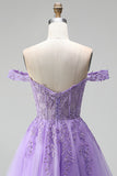 Off the Shoulder Light Plum 3D Floral Appliques A-Line Tulle Corset Short Homecoming Dress with Beading