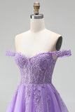 Off the Shoulder Light Plum 3D Floral Appliques A-Line Tulle Corset Short Homecoming Dress with Beading