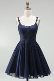 Navy A-Line Chiffon Floral Lace Straps Short Homecoming Dress with Pearls
