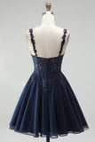 Navy A-Line Chiffon Floral Lace Straps Short Homecoming Dress with Pearls