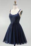 Navy A-Line Chiffon Floral Lace Straps Short Homecoming Dress with Pearls