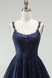 Navy A-Line Chiffon Floral Lace Straps Short Homecoming Dress with Pearls