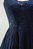 Navy A-Line Chiffon Floral Lace Straps Short Homecoming Dress with Pearls