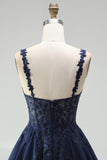 Navy A-Line Chiffon Floral Lace Straps Short Homecoming Dress with Pearls
