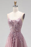 Grey Pink Glitter A-Line Sequins Corset Tulle Long Prom Dress with Beading