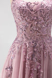 Grey Pink Glitter A-Line Sequins Corset Tulle Long Prom Dress with Beading