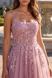 Grey Pink Glitter A-Line Sequins Corset Tulle Long Prom Dress with Beading
