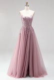 Grey Pink Glitter A-Line Sequins Corset Tulle Long Prom Dress with Beading