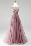 Grey Pink Glitter A-Line Sequins Corset Tulle Long Prom Dress with Beading