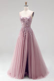 Grey Pink Glitter A-Line Sequins Corset Tulle Long Prom Dress with Beading