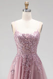 Grey Pink Glitter A-Line Sequins Corset Tulle Long Prom Dress with Beading