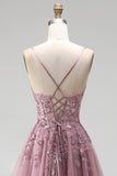Grey Pink Glitter A-Line Sequins Corset Tulle Long Prom Dress with Beading