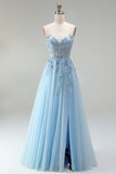 Sky Blue Corset Sheer Floral Appliques A-Line Sequins Strapless Long Prom Dress with Side Slit