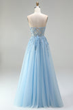 Sky Blue Corset Sheer Floral Appliques A-Line Sequins Strapless Long Prom Dress with Side Slit