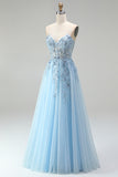 Sky Blue Corset Sheer Floral Appliques A-Line Sequins Strapless Long Prom Dress with Side Slit
