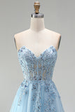 Sky Blue Corset Sheer Floral Appliques A-Line Sequins Strapless Long Prom Dress with Side Slit
