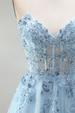 Sky Blue Corset Sheer Floral Appliques A-Line Sequins Strapless Long Prom Dress with Side Slit