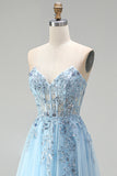 Sky Blue Corset Sheer Floral Appliques A-Line Sequins Strapless Long Prom Dress with Side Slit