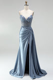 Grey Blue Mermaid Rhinestone Corset Sheer Ruched Satin Spaghetti Straps Long Prom Dress with Slit