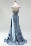 Grey Blue Mermaid Rhinestone Corset Sheer Ruched Satin Spaghetti Straps Long Prom Dress with Slit