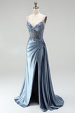 Grey Blue Mermaid Rhinestone Corset Sheer Ruched Satin Spaghetti Straps Long Prom Dress with Slit