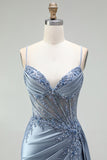 Grey Blue Mermaid Rhinestone Corset Sheer Ruched Satin Spaghetti Straps Long Prom Dress with Slit