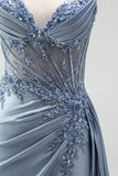 Grey Blue Mermaid Rhinestone Corset Sheer Ruched Satin Spaghetti Straps Long Prom Dress with Slit