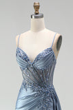 Grey Blue Mermaid Rhinestone Corset Sheer Ruched Satin Spaghetti Straps Long Prom Dress with Slit