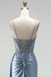 Grey Blue Mermaid Rhinestone Corset Sheer Ruched Satin Spaghetti Straps Long Prom Dress with Slit