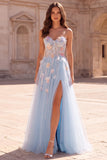 Light Blue Corset Strapless 3D Floral Appliques Sequins Tulle Long Prom Dress with Slit