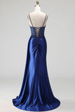 Royal Blue Cowl Neck Corset Sheer Floral Satin Ruched Sequins Long Prom Dress with Slit