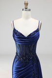 Royal Blue Cowl Neck Corset Sheer Floral Satin Ruched Sequins Long Prom Dress with Slit