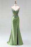 Green Corset V-Neck Rhinestone Sheer Satin Ruched Beaded Long Prom Dress with Slit