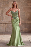 Green Corset V-Neck Rhinestone Sheer Satin Ruched Beaded Long Prom Dress with Slit