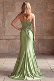 Green Corset V-Neck Rhinestone Sheer Satin Ruched Beaded Long Prom Dress with Slit